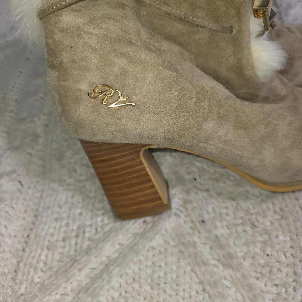 RV Roger Vivier Taupe‎ Suede Leather Fox Fur Lined Ankle Boots Women 36 5.5 6